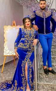 2025 @ mariage algérien robes de marié bleu royal pour femmes et hommes avec perles de verre en cristal embellies, pierre, perle, travail Dabka - Product Image 2