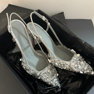 Sandalias de tacón alto plateadas de estilo francés, con punta cerrada, elegantes y de hada, para primavera y verano - Product Image 4