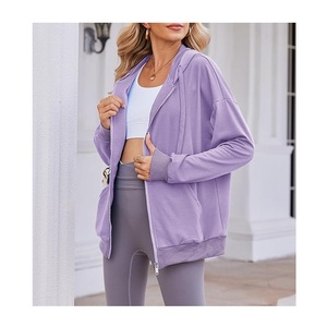 Nueva llegada de las mujeres 100% de algodón de manga larga de cuello redondo hombro pendiente Color sólido cómodo Casual Zip Hoodie mejor precio - Product Image 2