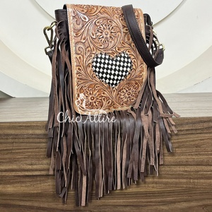 Nouveau personnalisé à la mode usiné à la main en cuir frange sacs à main femmes luxe à carreaux coeur et imprimé floral véritable sac à bandoulière - Product Image 1