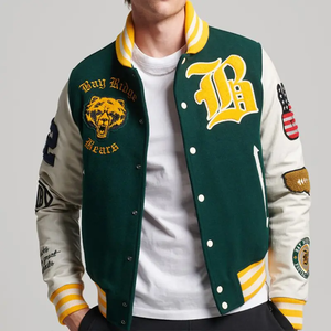 Veste universitaire en cuir 100% laine pour homme, sur mesure OEM, col montant, broderie en chenille, manches en cuir de mouton, devant haut de gamme - Product Image 1