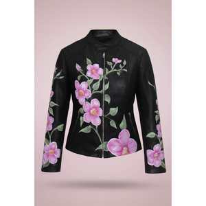 Blouson moto en cuir peint à la main pour femme, logo personnalisé, satin, cristal, fourrure brodée, polyester doux, coton, taille XL pour l'automne et l'hiver - Product Image 1