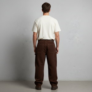 Pantalon de travail en coton 100% brun chocolat de poids moyen, coupe ample surdimensionnée pour homme, jambe large, double genouillère, taille mi-haute, logo personnalisé - Product Image 4