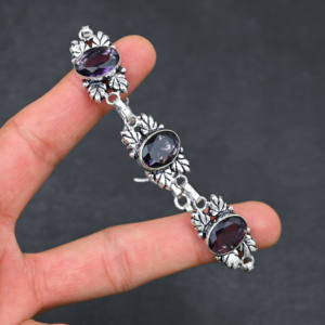 Bracelet unisexe de luxe en améthyste de laboratoire, argent sterling, coupe ovale 10x14 mm, 5 pierres, réglable, 7 à 8 pouces, magnifique violet - Product Image 2