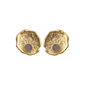 Calcédoine verte plaqué or texturé conception lunette ensemble boucles d'oreilles pierre précieuse forme ronde à la mode mat plaqué or boucles d'oreilles - Product Image 6