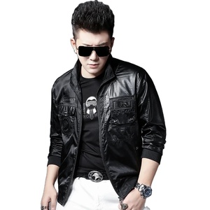 เสื้อแจ็กเก็ตผ้าใบหนังแท้สำหรับผู้ชาย, เสื้อแจ็กเก็ตผ้าแคนวาสสำหรับขี่มอเตอร์ไซต์ปกพับลงทรงสลิมฟิตกันน้ำกันลมสีดำสไตล์ไฮสตรีทฤดูหนาว - Product Image 1