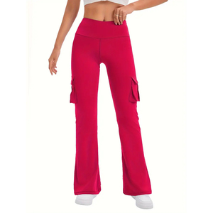 Pantalon slim à imprimé tropical avec poches, meilleure vente de pantalons de fitness en cours d'exécution taille haute pantalons pour femmes tissés évasés - Product Image 1