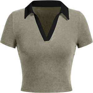 Kivotech T-shirt col en V à col polo pour femme, manches courtes, crop tops et personnalisation - Product Image 1