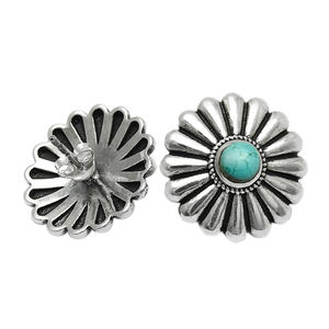 Blue Turquoise Round Cut Bezel Set Minimalist <b>Flower</b> Design 925 Sterling Silver Precious Gemstone Stud Earring Jewelry for Women - Product Image 1