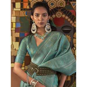 Magnifique robe de festival en soie tissée avec des fils turquoise, sari avec chemisier - Product Image 2