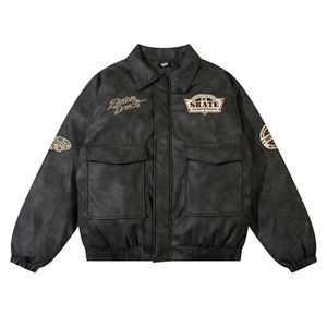 Veste en cuir véritable brodée pour homme, vente en gros OEM, surdimensionnée, coupe-vent, vintage, col rabattu, épaisse pour l'hiver, chaude - Product Image 2