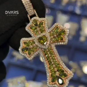 Custom Luxury Moissanite Diamond <b>Cross</b> Pendant Fully Iced Green CZ Rhodium Plated Claw Setting 925 Sterling Silver <b>Charm</b> - Product Image 4