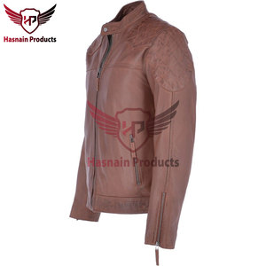Chaqueta de cuero genuino para hombre, estilo Cafe Racer, color marrón vintage, chaqueta de motociclista con hombros acolchados, corte ajustado, con cremallera, prenda exterior. - Product Image 2