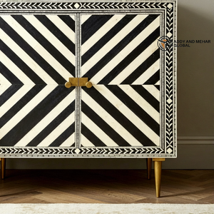 Aparador de Madera Maciza Hecho a Mano, Duradero, de Gran Capacidad, Ecológico, Modular, Geométrico, con Incrustaciones de Hueso Blanco y Negro de Lujo - Product Image 6