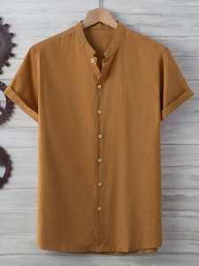 Chemise unie en tissu à manches courtes et col décontracté ornée de vêtements d'été pour hommes non extensibles - Product Image 4