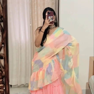 Faux Georgette avec imprimé et volant Lehenga Saree avec Fullflair et dentelle Travail Lehenga Saree à volants Saree drapé pour femme - Product Image 1