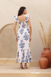 Robe mi-longue en camisole faite à la main de Jaipur pour femmes, imprimé floral bleu, bretelles, décoration en dentelle, pour les vacances d'été ou les tenues - Product Image 5