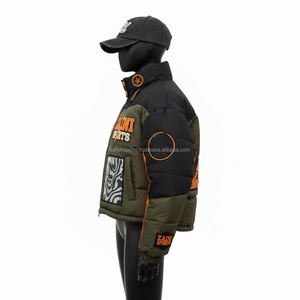 แจ็กเก็ตขนปลาปักเป้าสำหรับผู้หญิงแจ็กเก็ตแบบ380GSM ผ้าไนลอนสีเขียวมะกอกส้มส้มตัดกันมีซิปปิดโลโก้กำหนดเองได้ - Product Image 3