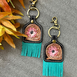 New Real Handcrafted Genuine Color Tooled Leather Cute Charming <b>Tassel</b> Keyrings Hot Sale Western Style Modern Turquoise <b>Key</b> Fobs - Product Image 5