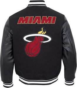 Veste de sport brodée Miami Heat, manches en cuir noir, bordure contrastée, pour adulte, séchage rapide, promotionnelle, printemps - Product Image 3