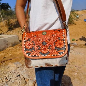 Hand Tooled Leather <b>Bag</b> Handbag Sling <b>Bag</b> Tooled Cow Hair On Leather Purse Women Leather <b>Bags</b> - Product Image 1