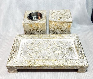 Ensemble porte-encens en bois de style élégant avec plateau à fleurs imprimées et boîte de rangement Design de lavage blanc pour la décoration intérieure - Product Image 6