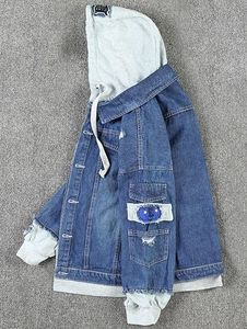 เสื้อแจ็คเก็ตฮู้ดดี้เดนิมฟอกสีสำหรับผู้ชาย แขนเสื้อตัดสี กระดุมหน้า มีกระเป๋า สไตล์ลำลองแนวสตรีทแวร์ สำหรับฤดูใบไม้ร่วง - Product Image 4