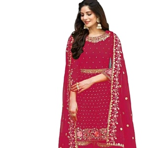 Ensemble Kurti, Bas et Dupatta pour Femme, en Tissu 100% Fausse Fourrure Non Cousu, Multicolore, avec Broderie et Sequins, Longueur Standard, pour Soirée - Product Image 1