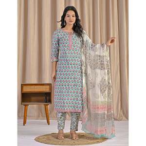Ensemble Kurta et pantalon en coton imprimé à la main vert, style décontracté printanier - Product Image 2