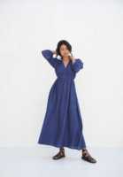 100% coton naturel Maxi avec manches bouffantes col en V lanterne à manches longues taille élastique femmes décontracté à manches longues Maxi coton robe