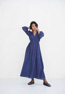 100% coton naturel Maxi avec manches bouffantes col en V lanterne à manches longues taille élastique femmes décontracté à manches longues Maxi coton robe - Product Image 4