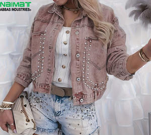 <b>Women</b> Studded <b>Denim</b> <b>Jacket</b> Vintage <b>Pink</b> Wash Jean Coat With Silver Eyelets Elegant Slim Fit Cropped <b>Denim</b> Outerwear - Product Image 1