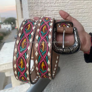 Hand <b>Tooled</b> Leather Flower <b>Belt</b> with Buck Stitch Western 100% Genuine Leather <b>Belt</b> Premium High Quality Cowhide <b>Belts</b> for Unisex - Product Image 3