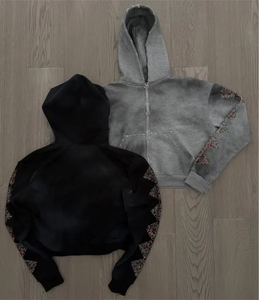 Conjunto de pantalones de chándal y Sudadera con capucha acampanados con diamantes de imitación OEM Fabricante personalizado Pantalones apilados holgados de cintura doble Sudadera con cremallera - Product Image 3