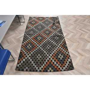 3.6x6.7 ft Turkish Area <b>Rug</b>, <b>Black</b> Orange Vintage Check Wool <b>Rug</b> - Product Image 1