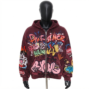 Sweat à capuche zippé oversize pour homme, style streetwear, en molleton, effet délavé à l'acide, brodé graffiti, coupe droite, style automne - Product Image 2