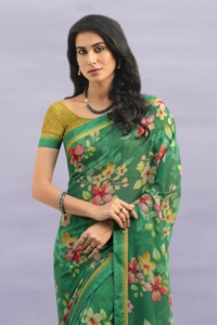 Sari de seda con estampado floral verde tradicional para mujer, ropa de fiesta de boda, vestido étnico de India y Pakistán, corte regular, largo hasta el suelo. - Product Image 4