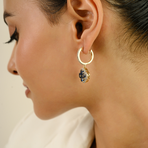 High Quality Luxurious <b>Blue</b> Sapphire & <b>Diamond</b> 14K Real Yellow Gold Charm Hoop Clover Shape Drop <b>Earrings</b> Bold Bridal Jewelry - Product Image 6