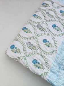 Handmade Floral Block Print Razai Quilt Organic Cotton Warm Reversible - Product Image 2