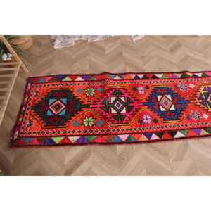 2.6x10.1 ft Turkish Rug, Vintage <b>Runner</b> Rug, <b>Red</b> Blue Solid Rug - Product Image 5