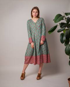 Bohemian Lalana Calf Length <b>Dress</b> Hand Block Printed Floral Green <b>Pink</b> Casual Occasional Wear - Product Image 1