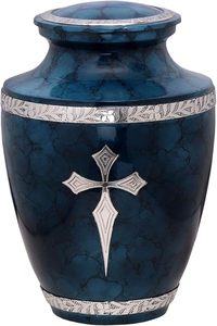 Blue Cremation Urn with White Religious Logo for Human or Pet Ashes Elegant Funeral Urn Christian Cross Emblem by AYAANS - Product Image 6