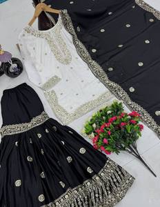 Paire de Sharara blanc et noir épais en tissu chinon avec séquence de broderie pour les femmes dans les festivals - Product Image 2