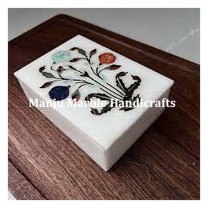 Nouvelle boîte d'incrustation de pierres précieuses faite à la main naturelle polie Durable boîte-cadeau de stockage de bijoux Artisan Floral blanc pur - Product Image 6