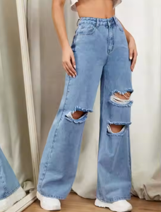 Vente en gros de pantalons évasés en jean de qualité supérieure pour femmes braguette à glissière personnalisée avec détail déchiré jean mode jambe ample et large - Product Image 3