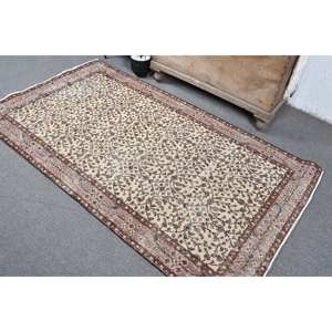 Classic Beige <b>Brown</b> Handmade <b>Wool</b> Turkish Rug 3.7 X 6.7 ft Rectangular Eco-Friendly Patchwork Design for Hallway Entryway Living - Product Image 4