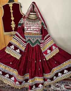 Cultural Afghani Maxi Dress Long Flared Cut Mirror Designs Ethnic Needlework Tribal Pattern for <b>Festive</b> Occasions Featuring Long - Product Image 2