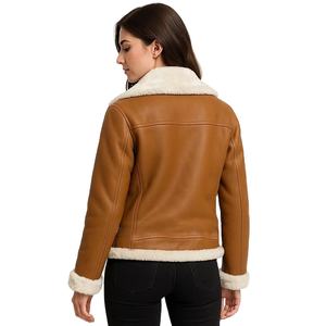 Blouson aviateur en cuir d'agneau véritable pour femme avec fausse fourrure tricotée, couleur et logo personnalisés - Product Image 5