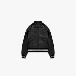 Chaquetas de hombre Chaqueta bomber de cuero Cuero vegano negro con diseño trasero en relieve Puños acanalados y cremallera - Product Image 1