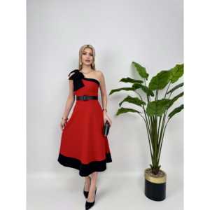 ชุดเดรสทรงเอไลน์แบบไหล่เดียวผ้าซาตินปี 2040 พร้อมโบว์และเข็มขัด โดดเด่นด้วยดีไซน์เอวธรรมชาติ - Product Image 2